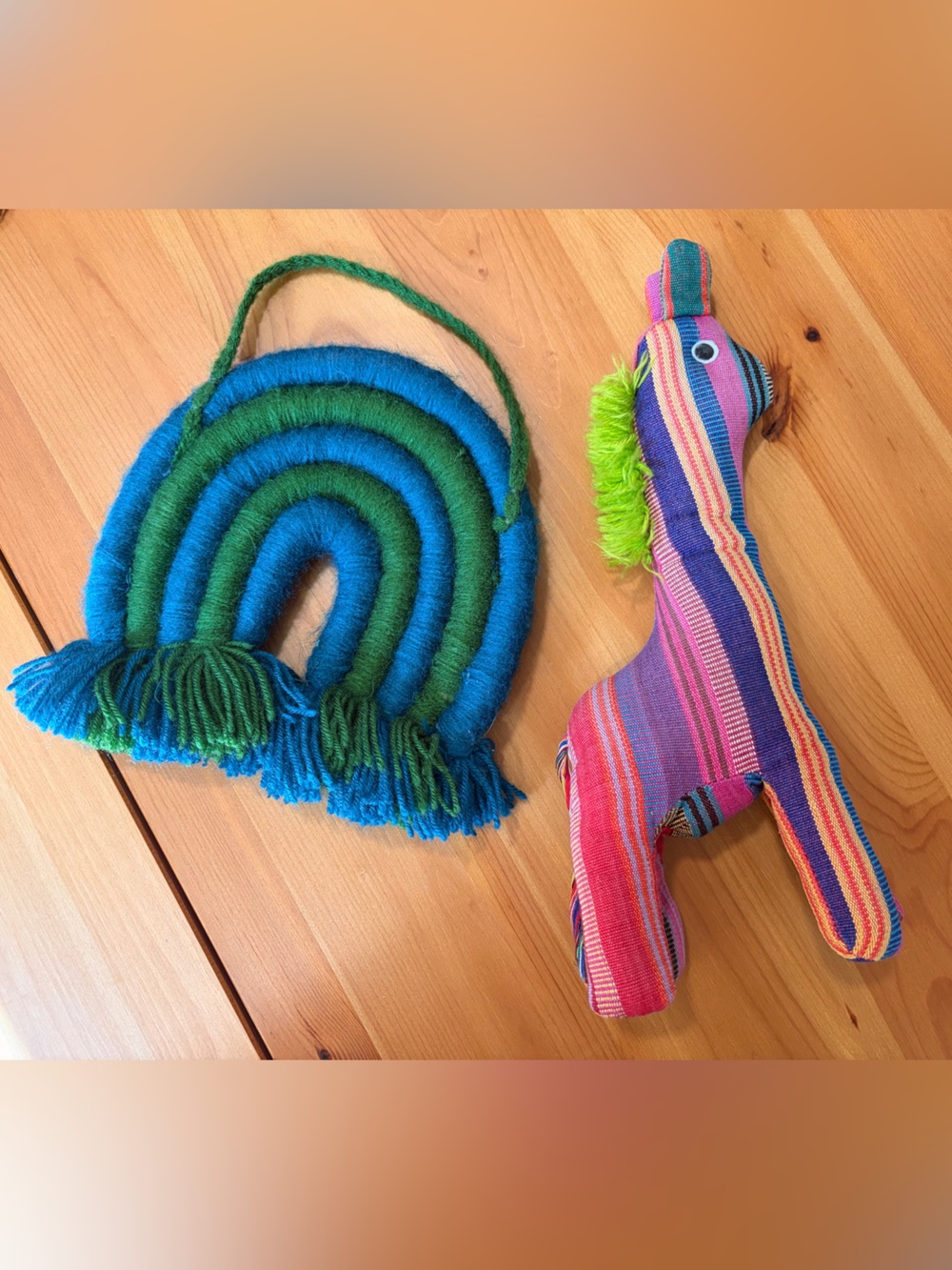 Whimsical Kids Set Guatemalan Handmade Blue & Green Rainbow and Multicolor Toy